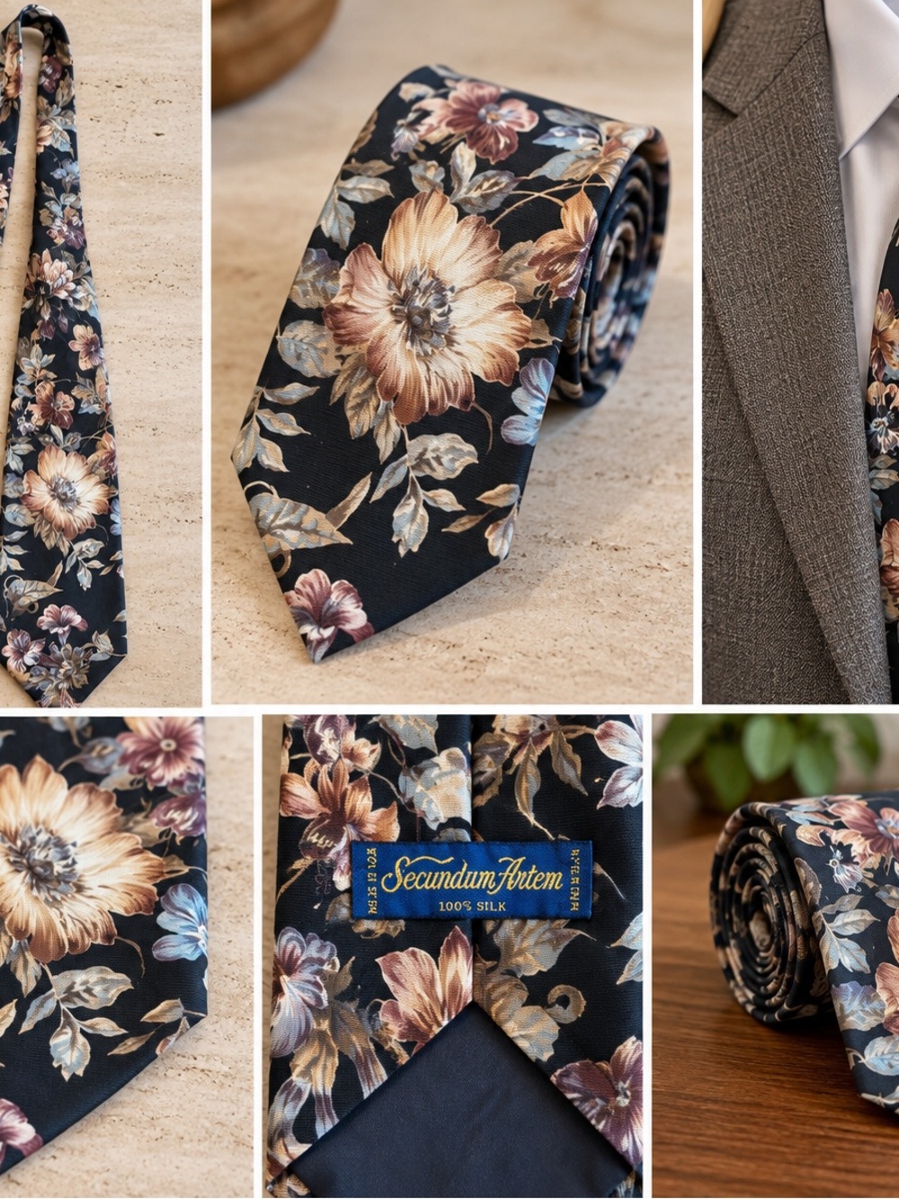 Vintage Secundum Artem 100% Silk Floral Necktie Navy Blue Brown Made in USA